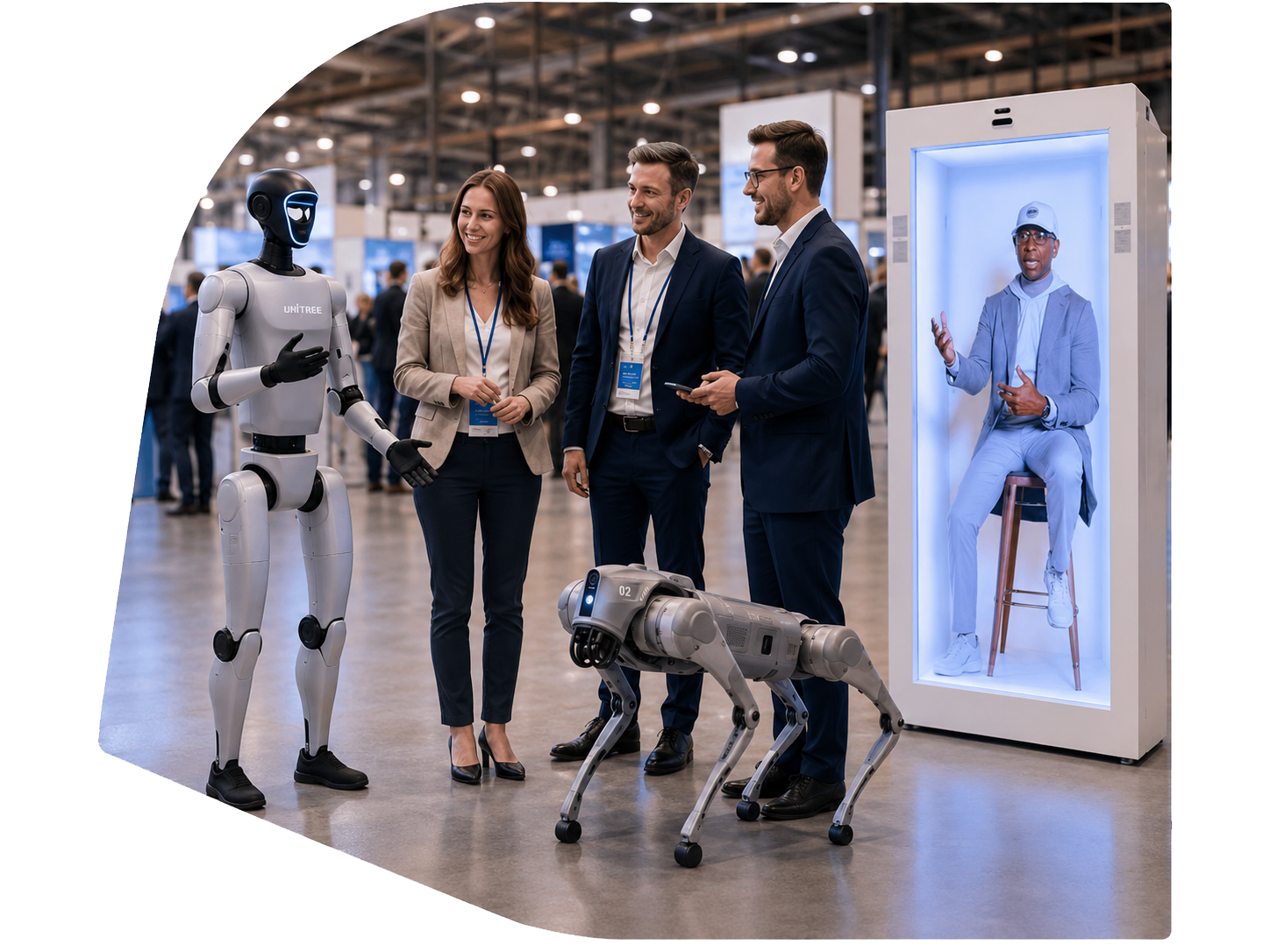 Robot humanoidalny, robo-pies i hologram podczas targów branżowych z gośćmi biznesowymi